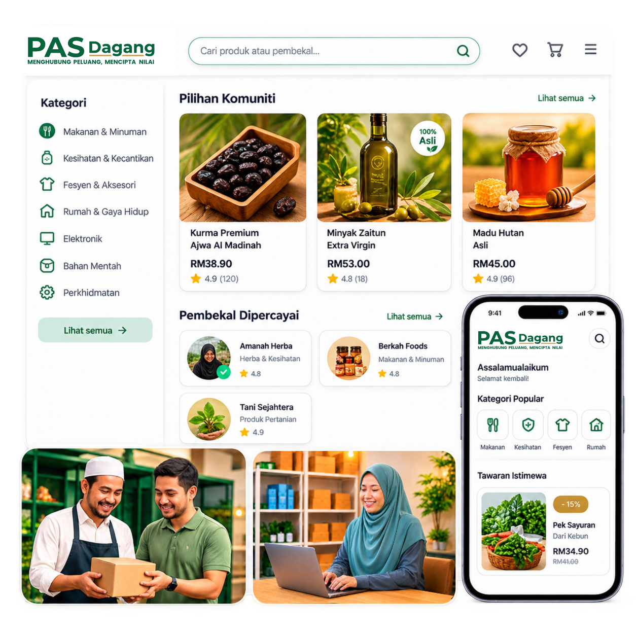 Pratonton aplikasi marketplace PAS Dagang di desktop dan telefon